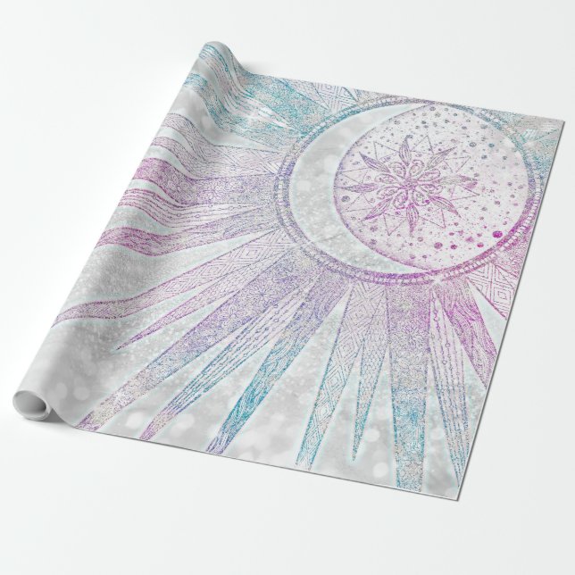Papel De Presente Design de prata Elegante Iridescente Sun Moon Mand (Desenrolado)