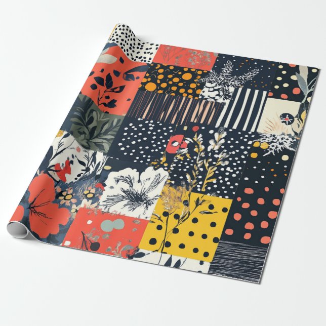 Papel De Presente Design de Sistema de Patches Botânico Negrito (Desenrolado)