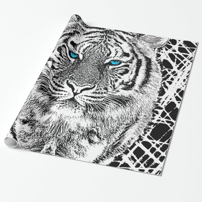 Papel De Presente Design de Tigre Azul Preto E Branco (Desenrolado)