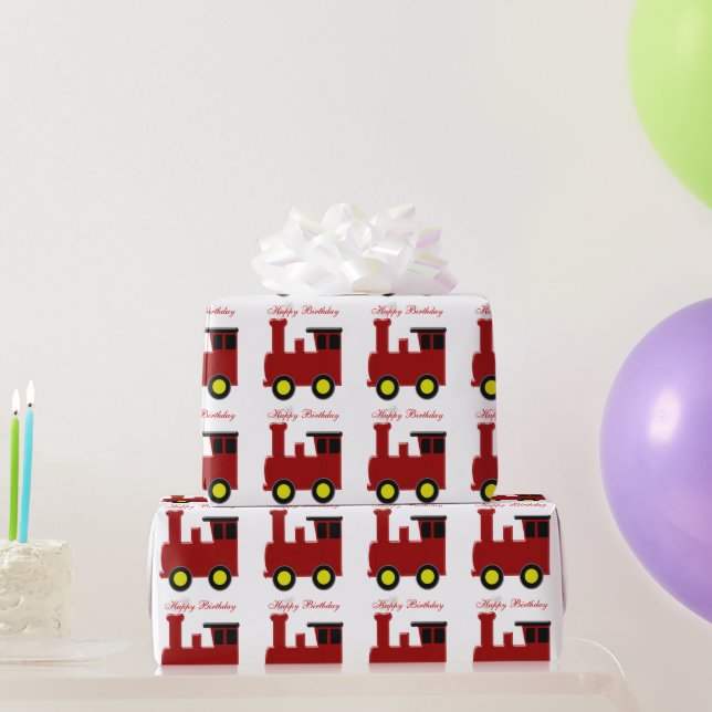 Papel De Presente Design de Trem Vermelho de Aniversário (Presentes para festas)