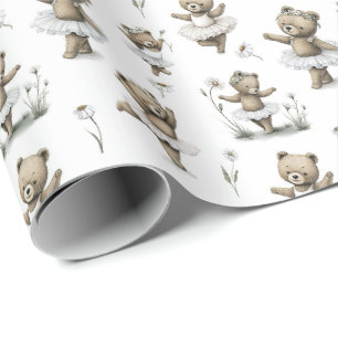Papel De Presente Design de Urso Bailarina em Aquarela Fofo Dança