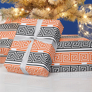 Papel De Presente Design do Padrão de Frete Grego Preto Laranja