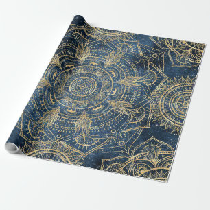 Papel De Presente Design elegante Dourado de Mandala Azul