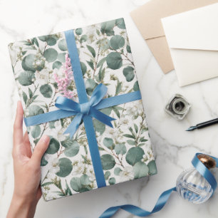 Papel De Presente Design Floral Branco e Eucalipto Moderno