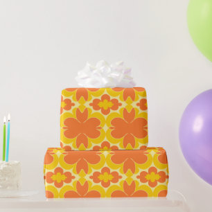 Papel De Presente Design Floral Retro Laranja no Amarelo da Mostarda