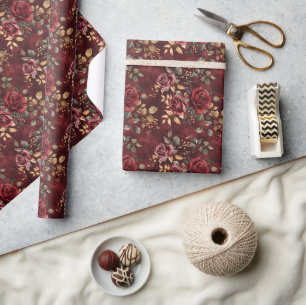 Papel De Presente Design Floral Vermelho e Dourado com Boho Watercol