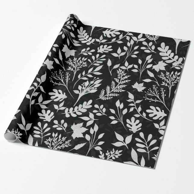 Papel De Presente Design Preto-M da Folhagem de Silver Elegante (Desenrolado)