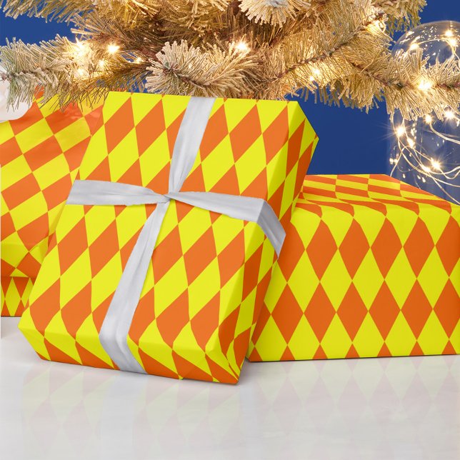 Papel De Presente Design Xadrez Arlequim Amarelo Laranja (Criador carregado)