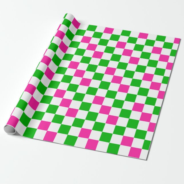 Papel De Presente Design Xadrez Rosa Branco Verde  (Desenrolado)