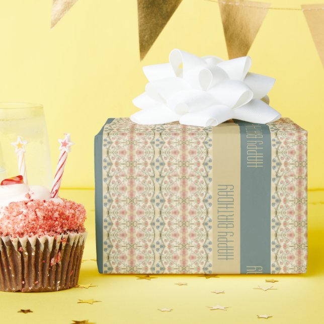 Papel De Presente Designer Floral Rosa e Azul (Festa de aniversário)