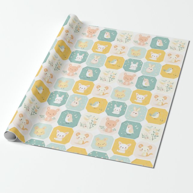 Papel De Presente Designs Adoráveis de Colagem Animal (Desenrolado)