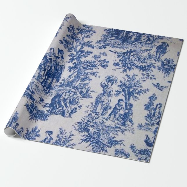 Papel De Presente Desvinculação do toile de jouy azul e branco (Desenrolado)