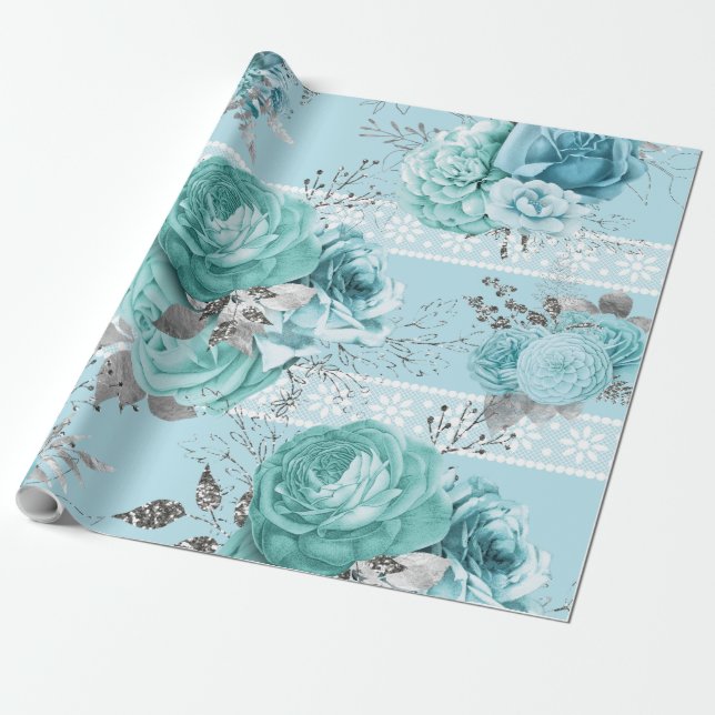 Papel De Presente Detalhes do Blue Rosa Lace e Silver (Desenrolado)