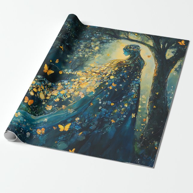Papel De Presente Deusa da Floresta Encantada com Borboletas (8) (Desenrolado)