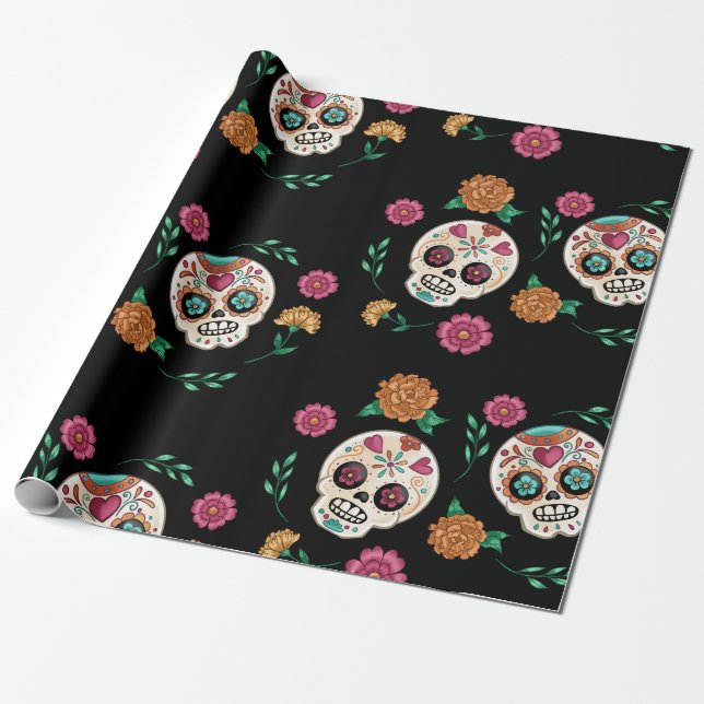 Papel De Presente Dia das Cascas de Açúcar Mortas e Flores Negra (Desenrolado)
