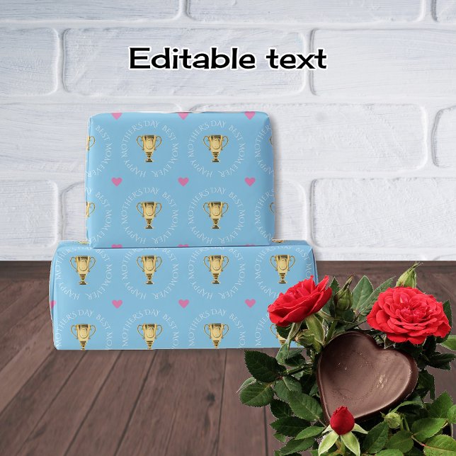 Papel De Presente Dia de as mães troféu texto personalizado azul (Criador carregado)