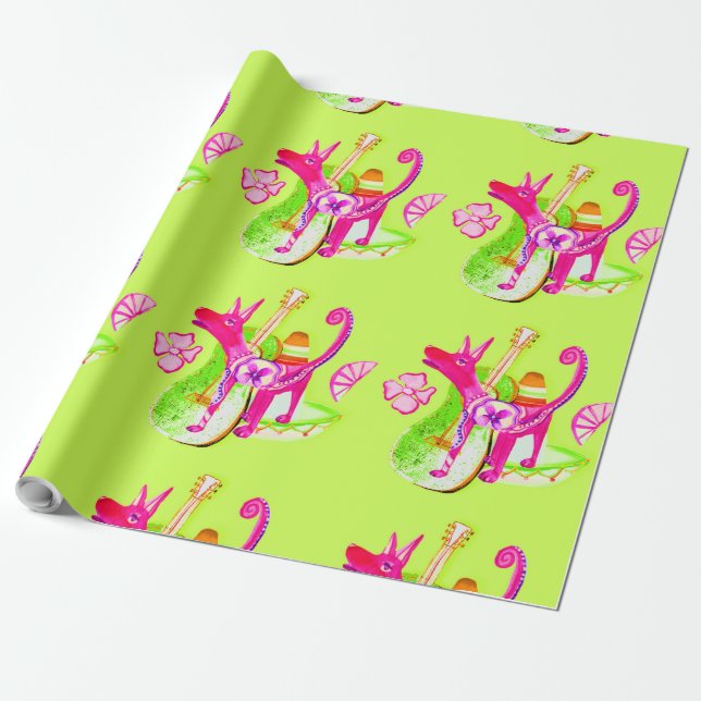 Papel De Presente Dia De Los Muertos - Cachorro, violão e um chapéu  (Desenrolado)