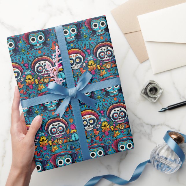 Papel De Presente Dia de Muertos, padrão de crânios de açúcar azul (Presentear)