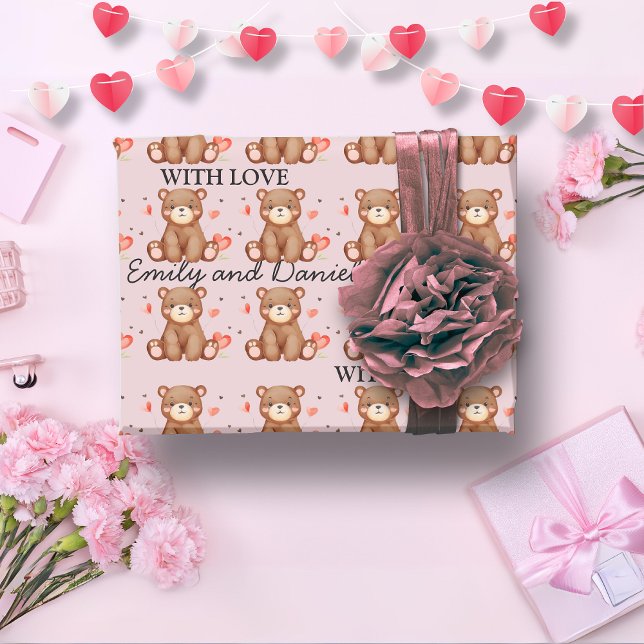 Papel De Presente Dia de os namorados de Urso de Aquarela personaliz (Watercolor Bear Valentine's Day customizable Wrapping Paper)