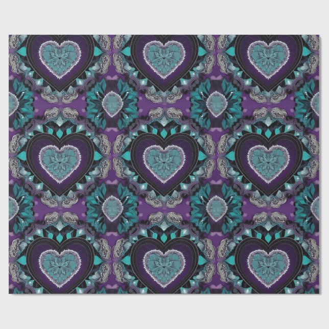 Papel De Presente Dia de os namorados Roxo, Teal e Negro Mandala (Aberto)