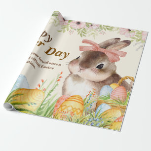 Papel De Presente Dia de Páscoa Feliz em Aquarela Coelho Floral com