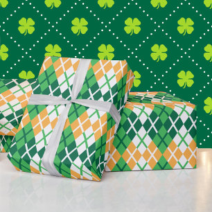 Papel De Presente Dia de São Patrício Argyle Xadrez Verde Laranja