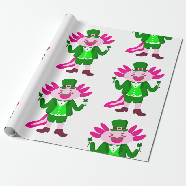 Papel De Presente Dia de São Patrício Axolotl leprechaun (Desenrolado)