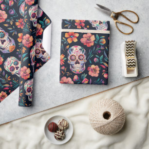 Papel De Presente Dia dos crânios de açúcar morto com flores