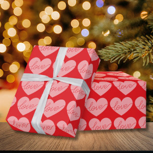 Papel De Presente Dia dos Namorados Coração Vermelho e Rosa Padrão d