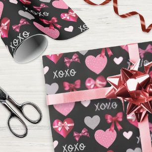 Papel De Presente Dia dos Namorados Corações e Fitas Rosa Vermelho P