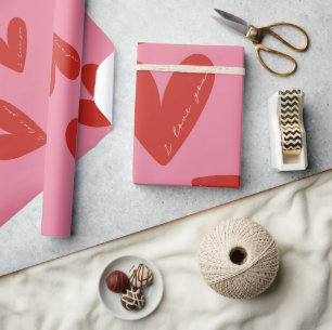 Papel De Presente Dia dos Namorados Moderno Coração Vermelho & Rosa
