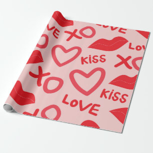 Papel De Presente Dia dos Namorados XOXO com Corações e Lábios Verme