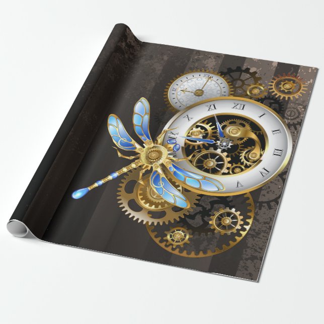 Papel De Presente Dials Steampunk com Libélula (Desenrolado)