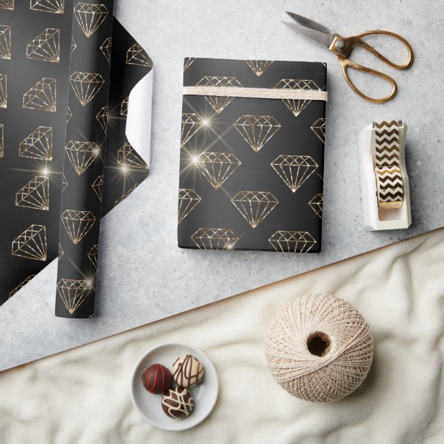 Papel De Presente Diamante Preto E Dourado Elegante Noivado Casament (Artesanato)