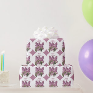 Papel De Presente Diamante Roxo Impresso com Aniversário de Flores L