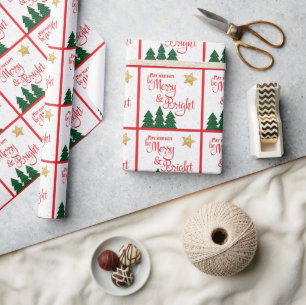 Papel De Presente Dias de Feliz Árvores Brilhantes Douradas Estrelas