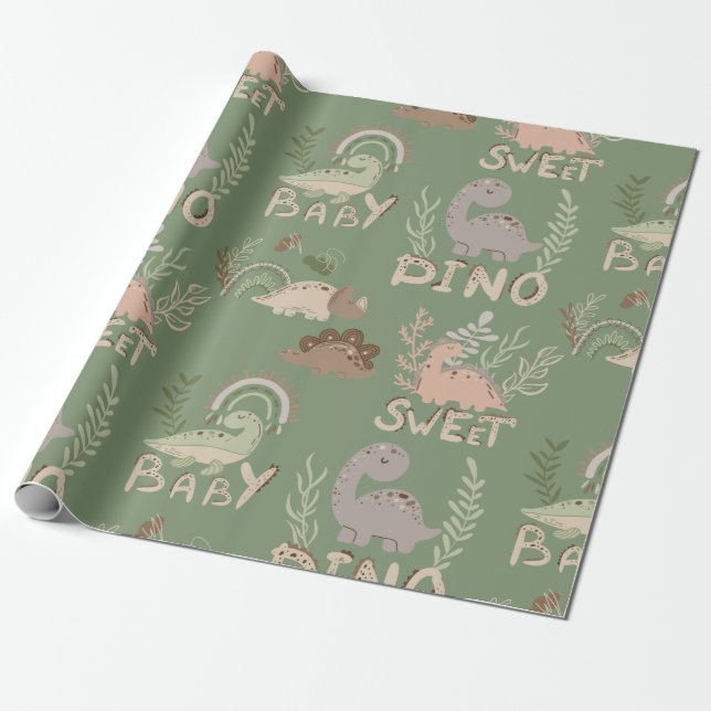 Papel De Presente Dino dinossauros no estilo escandinavo embrulhando (Desenrolado)