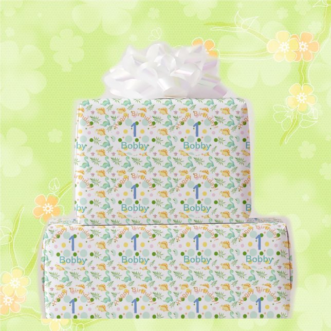 Papel De Presente Dino Party Cute Dinossaur Birthday Boy Name & Age  (Criador carregado)