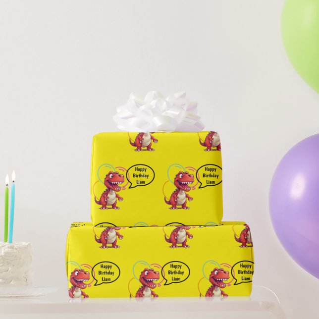Papel De Presente Dino Roar em Presente Amarelo (Presentes para festas)