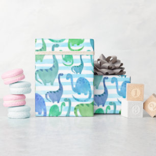 Papel De Presente Dino Stripe Watercolor Dinossauros Adoráveis