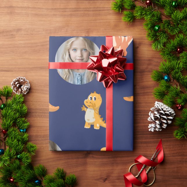 Papel De Presente Dinos Cute Prontos para Fotografias no Azul Escuro (Presente de Natal)