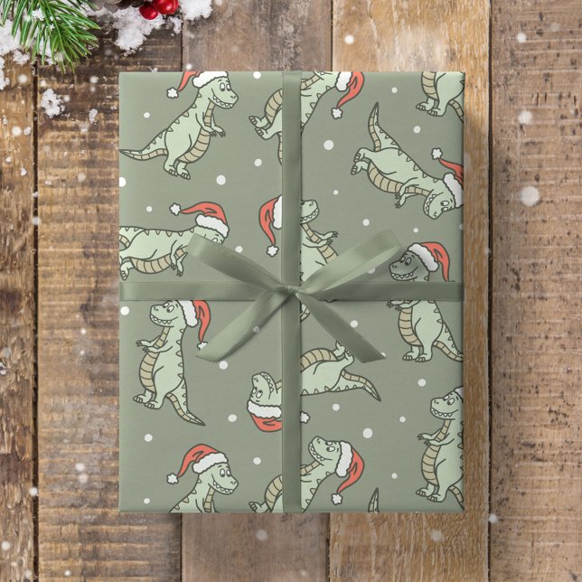 Papel De Presente Dinosaur Christmas Boy Santa Claus Dino T-Rex Sage (Criador carregado)