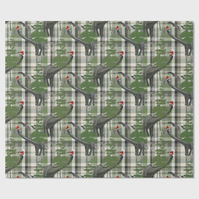 Papel De Presente Dinosaur Christmas Plaid (Aberto)