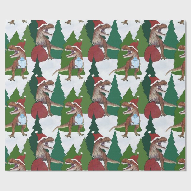 Papel De Presente Dinosaur Christmas T-Rex Santa (Aberto)