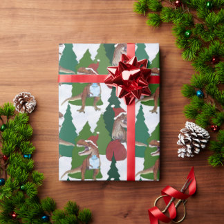 Papel De Presente Dinosaur Christmas T-Rex Santa