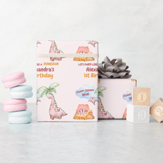 Papel De Presente Dinosaur Stomp Chomp Rawr primeiro aniversario Par (Chá de bebê)