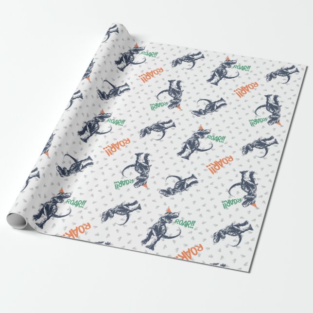 Papel De Presente Dinosaur T-Rex de Chapéu de Festa Aniversário (Desenrolado)