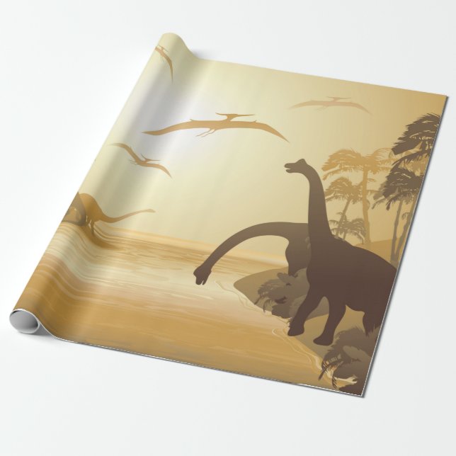 Papel De Presente Dinosaurs on Tropical Jurassic Landscape  (Desenrolado)