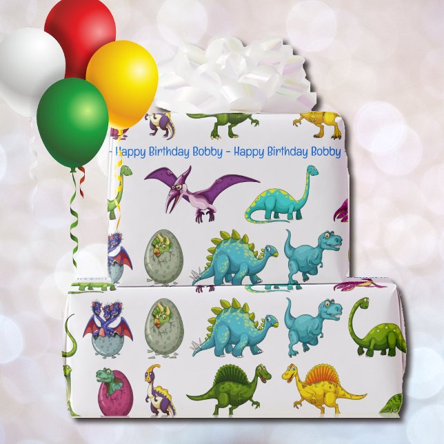 Papel De Presente Dinossaur Feliz Aniversário Personalizar Nome (Criador carregado)