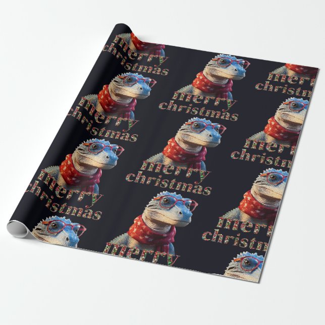 Papel De Presente Dinossauro azul vestindo cachecol de Natal (Desenrolado)
